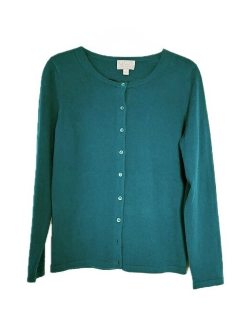 Pure Collection Cashmere Button Cardigan Sweater Crew Neck Teal Sz 8/10 - Picture 3 of 8